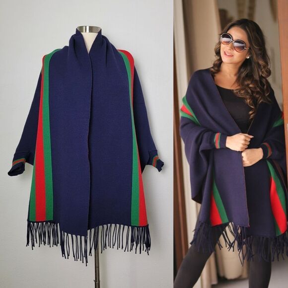 🍁 Navy Fall/Winter Striped Poncho Shawl with Sleeves and Fringe Hem One Size - Picture 1 of 9